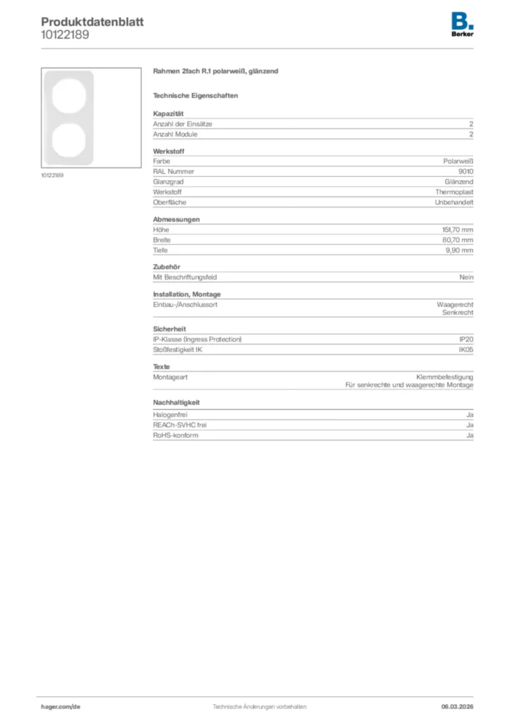 Bild Berker Produktdatenblatt 10122189 | Hager Deutschland
