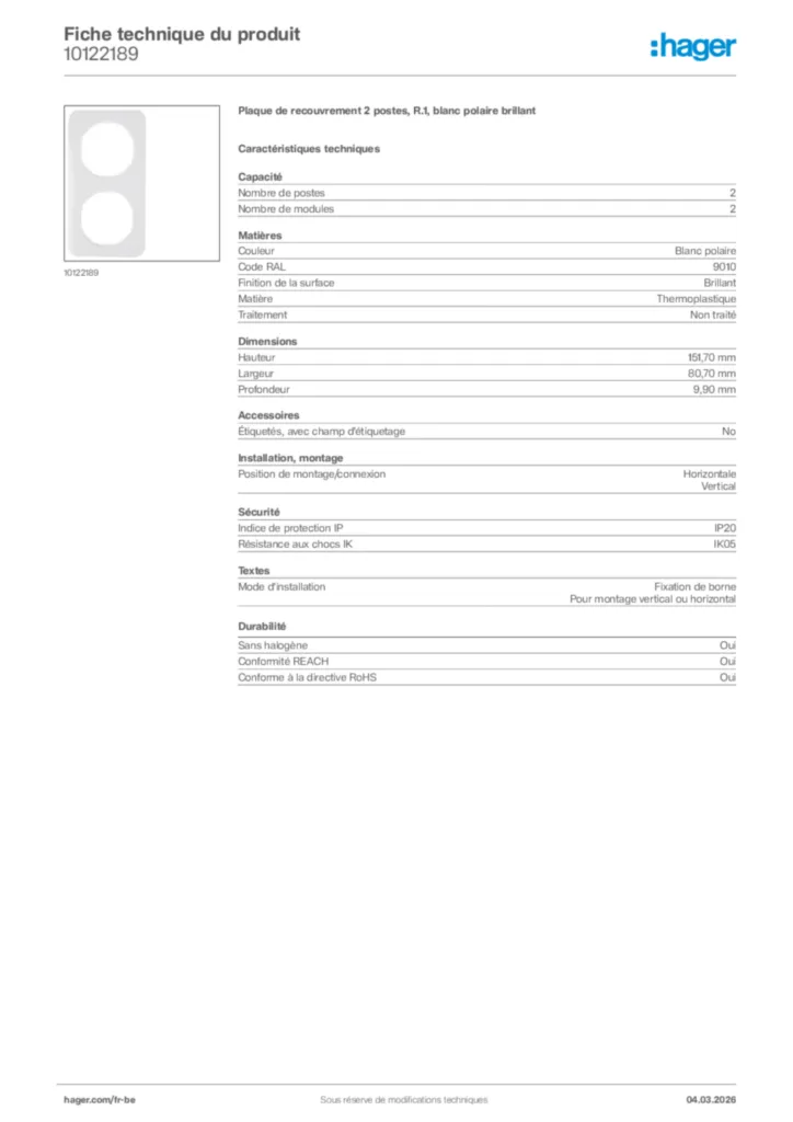 Image Hager Fiche technique du produit 10122189 | Hager Belgique