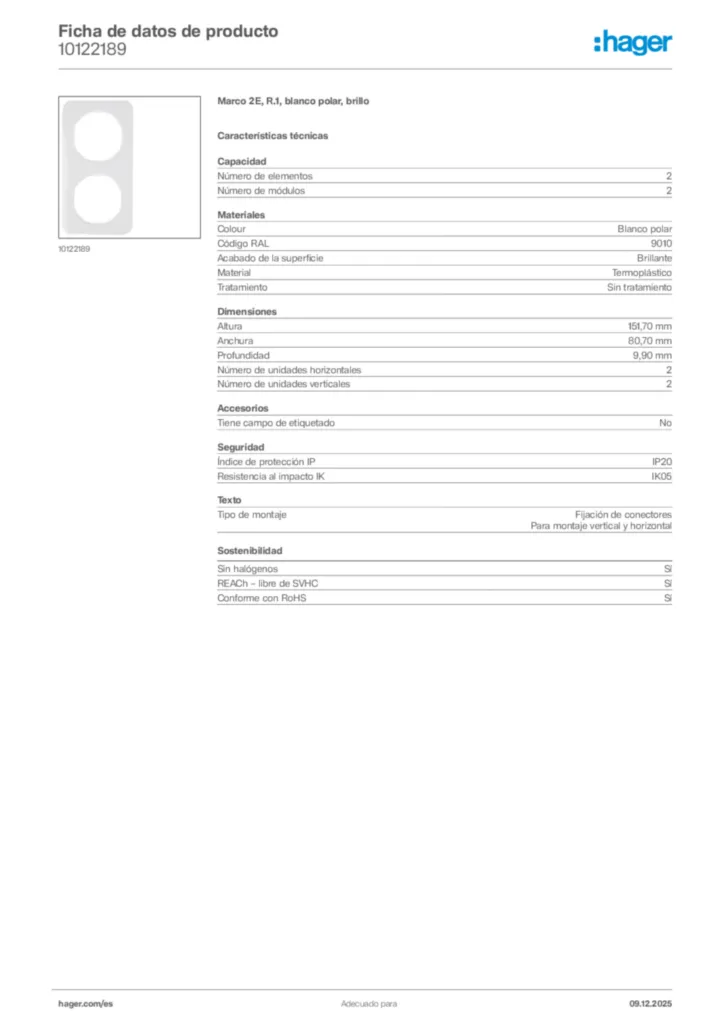 Imagen Hager Ficha de datos de producto 10122189 | Hager España