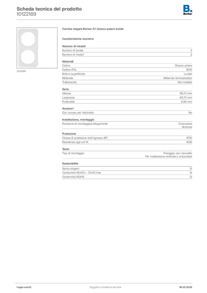 Immagine Berker Scheda tecnica del prodotto 10122189 | Hager Italia