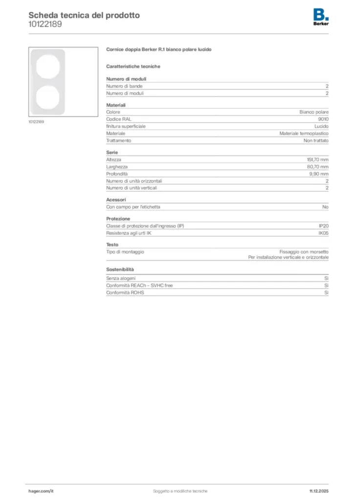 Immagine Berker Scheda tecnica del prodotto 10122189 | Hager Italia