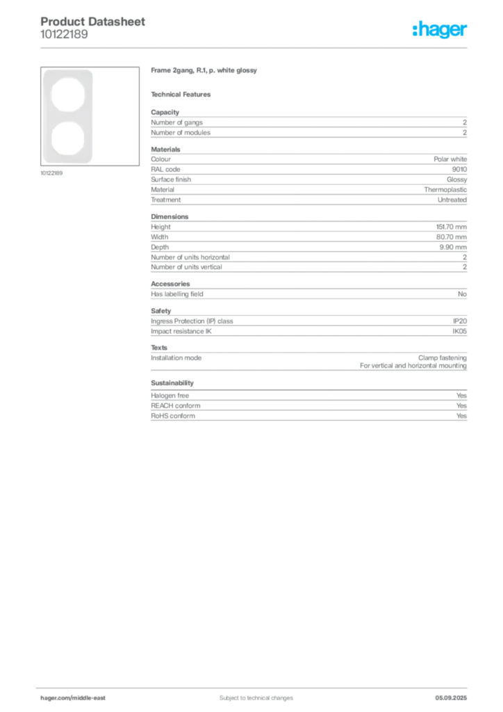 Image Hager Product data sheet 10122189  | Hager