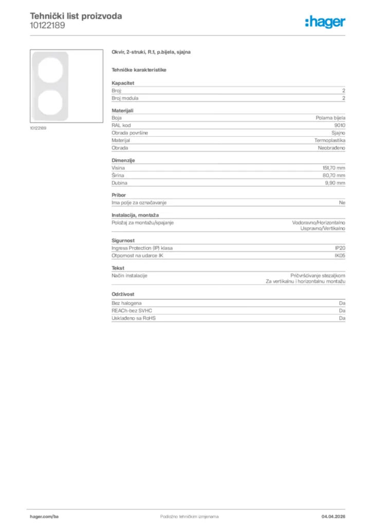 Slika Hager Tehnički list proizvoda 10122189  | Hager