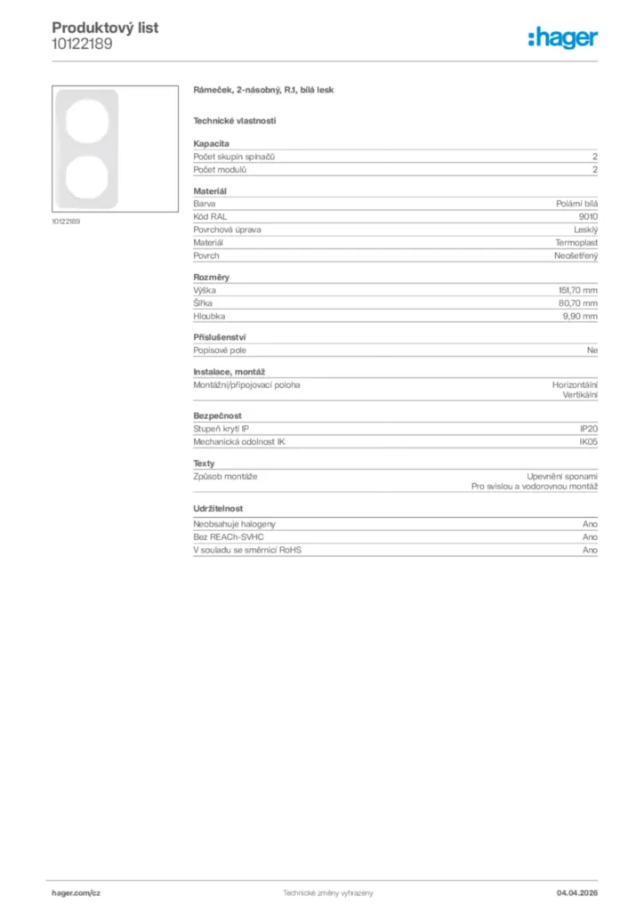 Obrázek Hager Product data sheet 10122189 | Hager