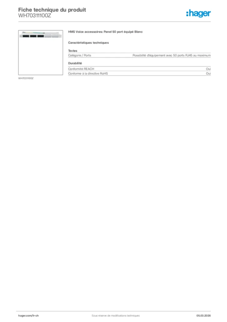 Image Hager Fiche technique du produit WH70311100Z | Hager Suisse