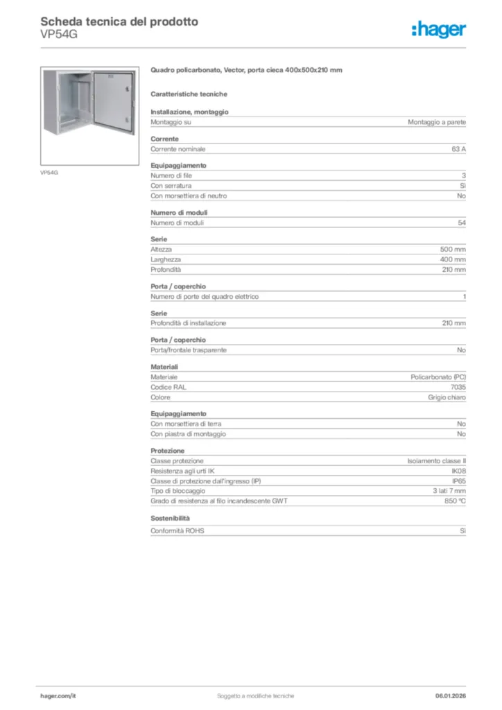 Immagine Hager Scheda tecnica del prodotto VP54G | Hager Italia