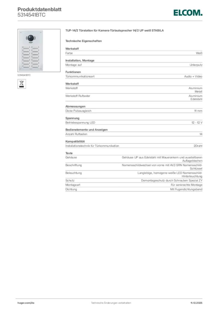 Bild Elcom Produktdatenblatt 5314541BTC | Hager Deutschland