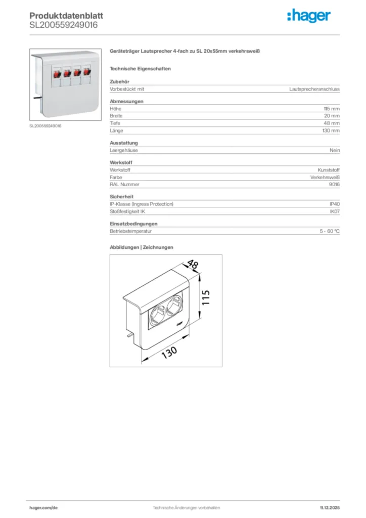 Bild Hager Produktdatenblatt SL200559249016 | Hager Deutschland