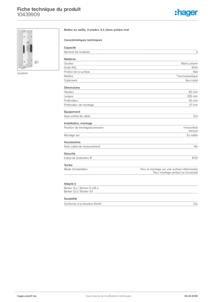 Image Hager Fiche technique du produit 10439909 | Hager Belgique