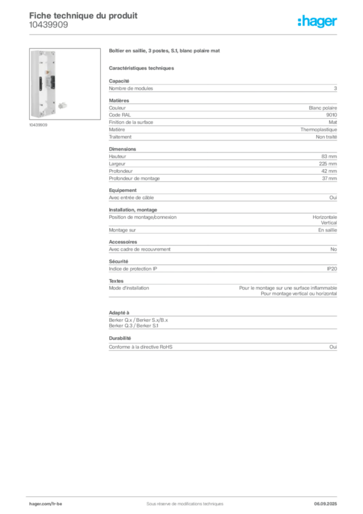 Image Hager Fiche technique du produit 10439909 | Hager Belgique