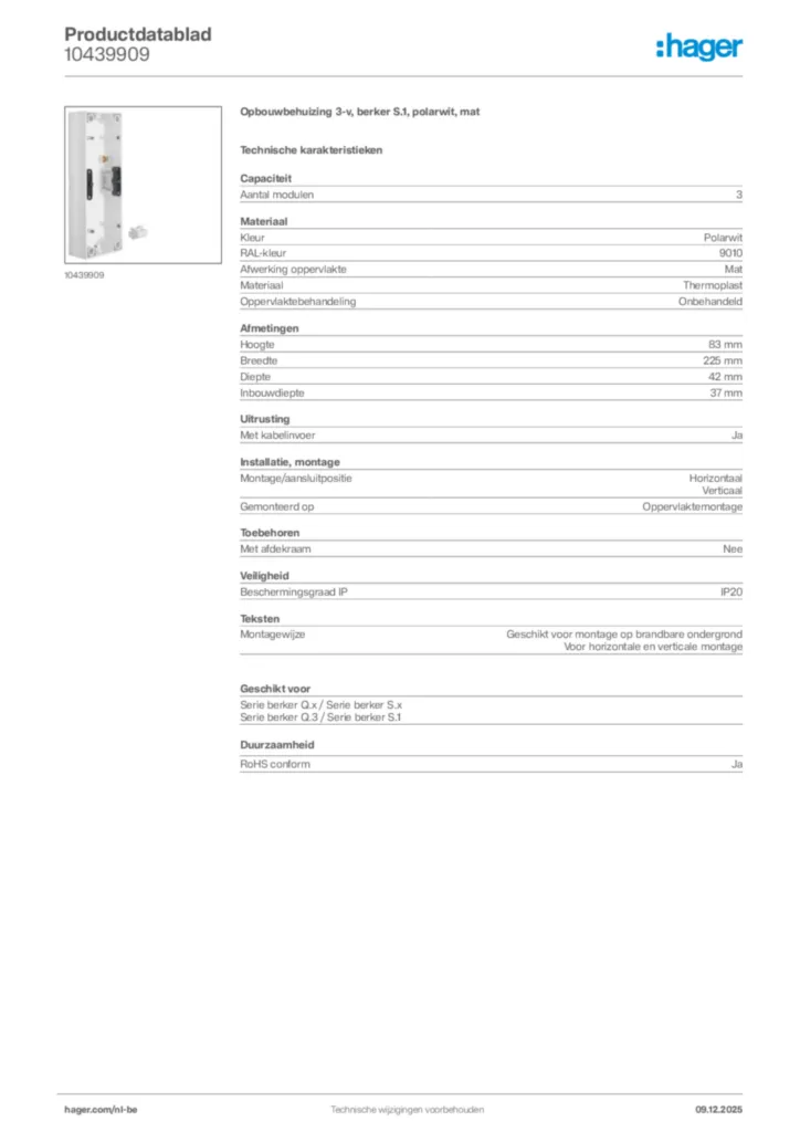 Afbeelding Hager Productdatablad 10439909 | Hager Belgium