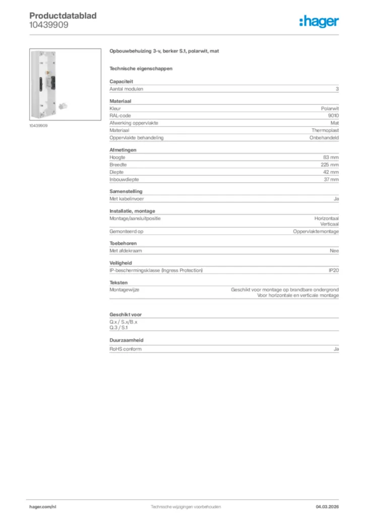 Afbeelding Hager Productdatablad 10439909 | Hager Nederland