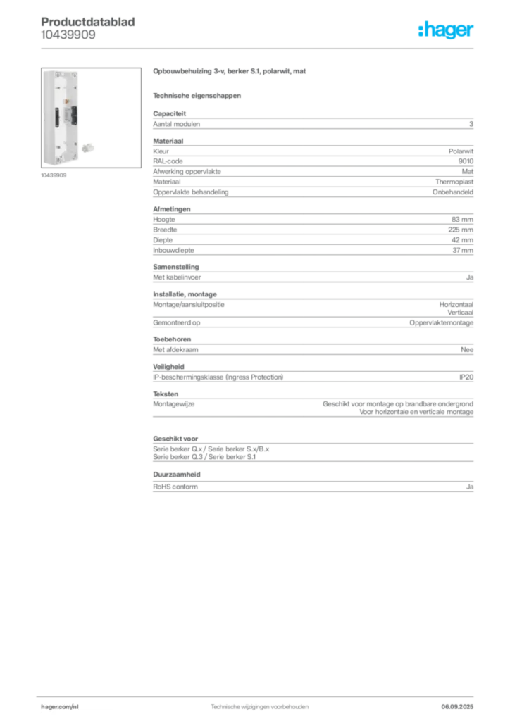 Afbeelding Hager Productdatablad 10439909 | Hager Nederland