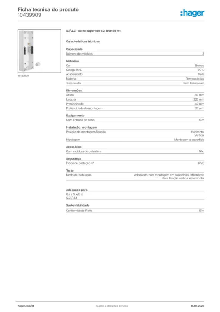 Imagem Hager Ficha técnica do produto 10439909 | Hager Portugal