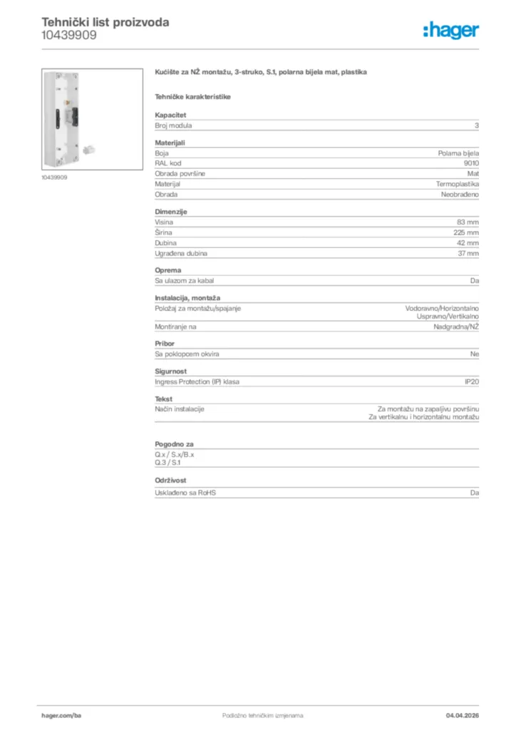 Slika Hager Tehnički list proizvoda 10439909  | Hager