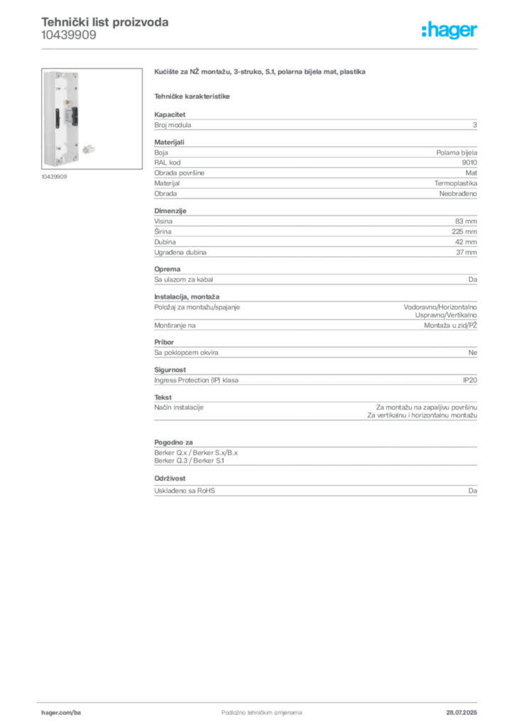Slika Hager Product data sheet 10439909  | Hager