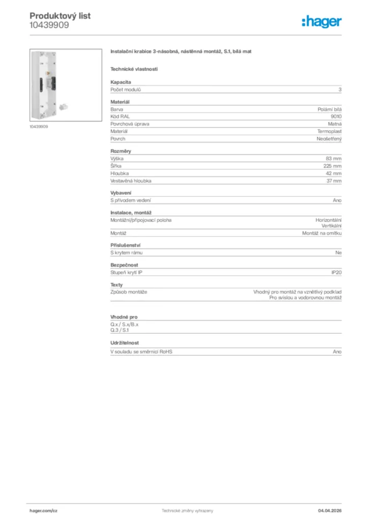 Obrázek Hager Product data sheet 10439909 | Hager