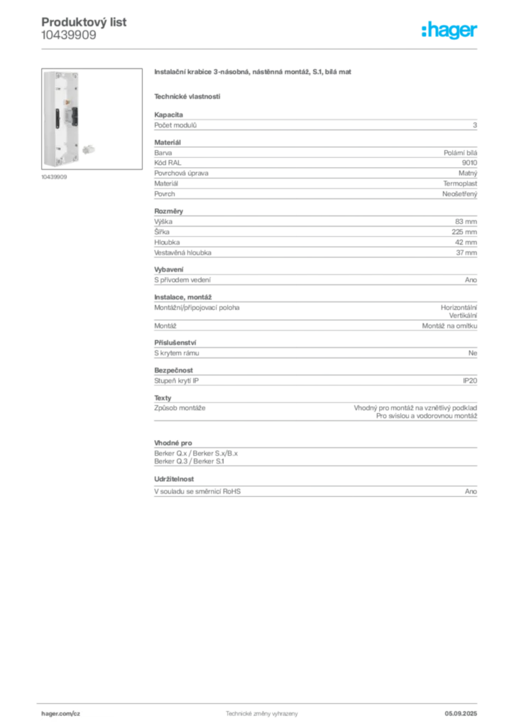 Obrázek Hager Produktový list 10439909 | Hager