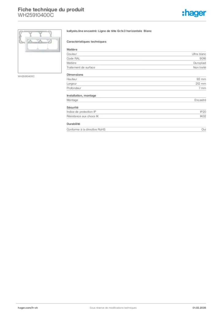 Image Hager Fiche technique du produit WH25910400C | Hager Suisse