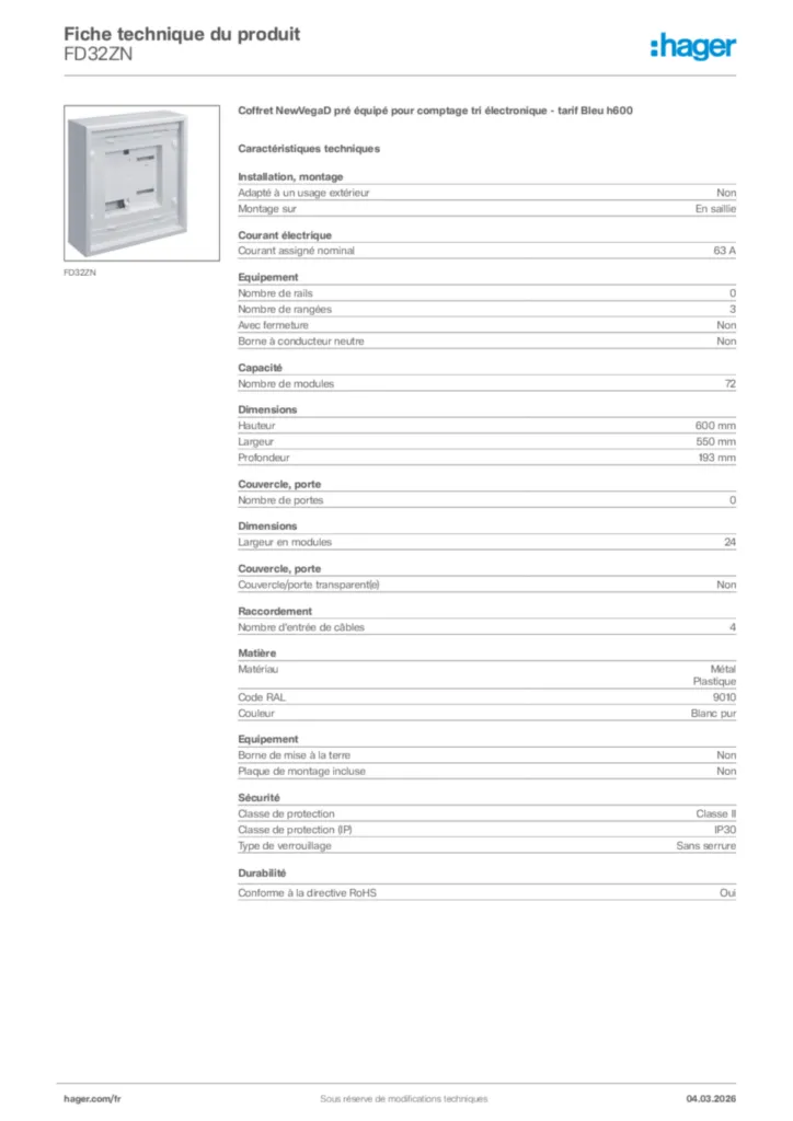 Image Hager Fiche technique du produit FD32ZN | Hager France