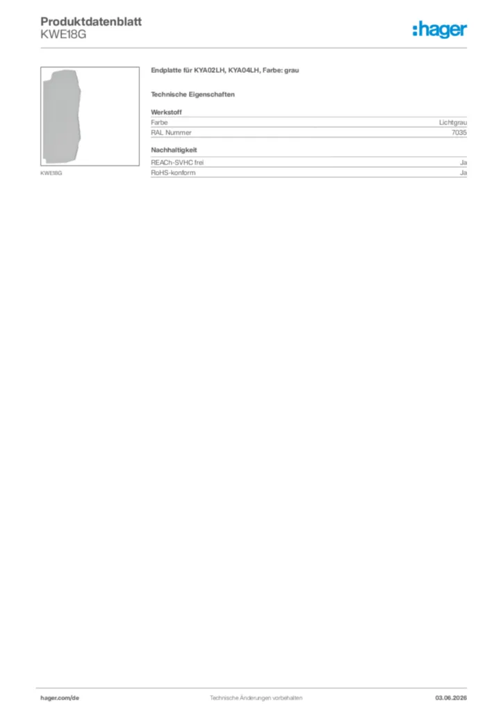 Bild Hager Produktdatenblatt KWE18G | Hager Deutschland