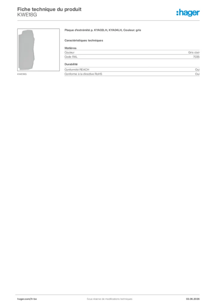 Image Hager Fiche technique du produit KWE18G | Hager Belgique