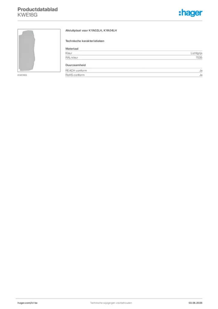 Afbeelding Hager Productdatablad KWE18G | Hager Belgium