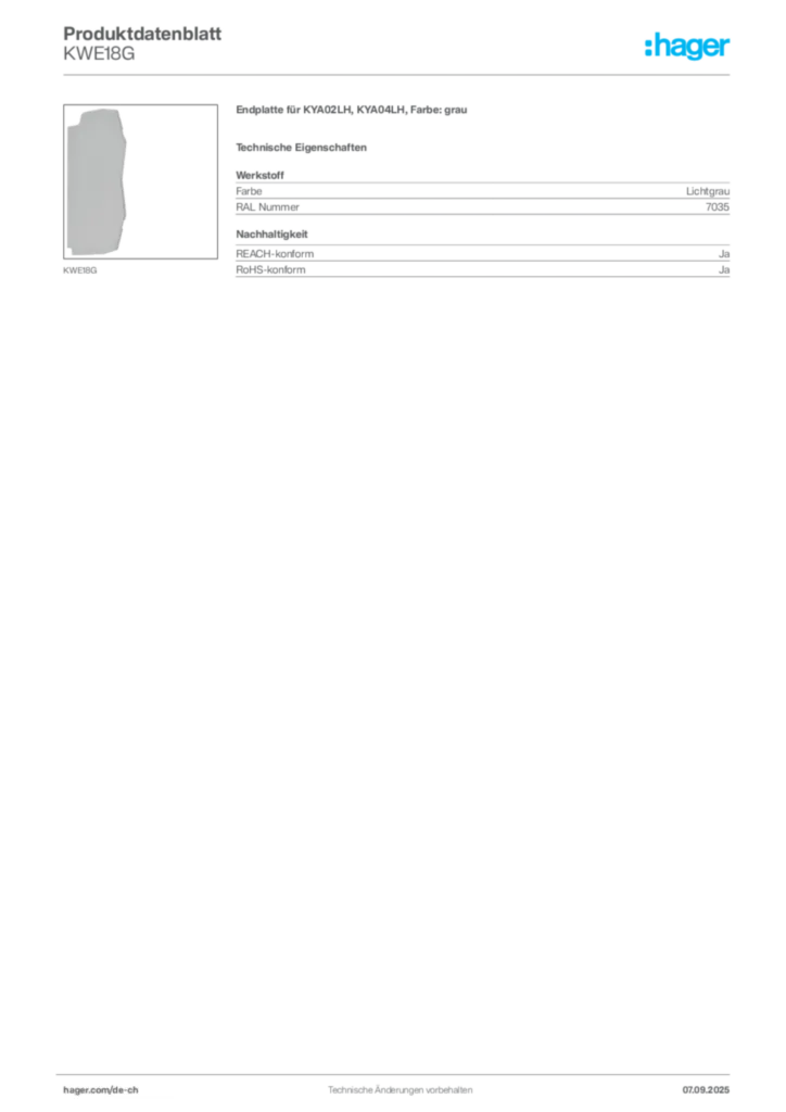 Bild Hager Produktdatenblatt KWE18G | Hager Schweiz