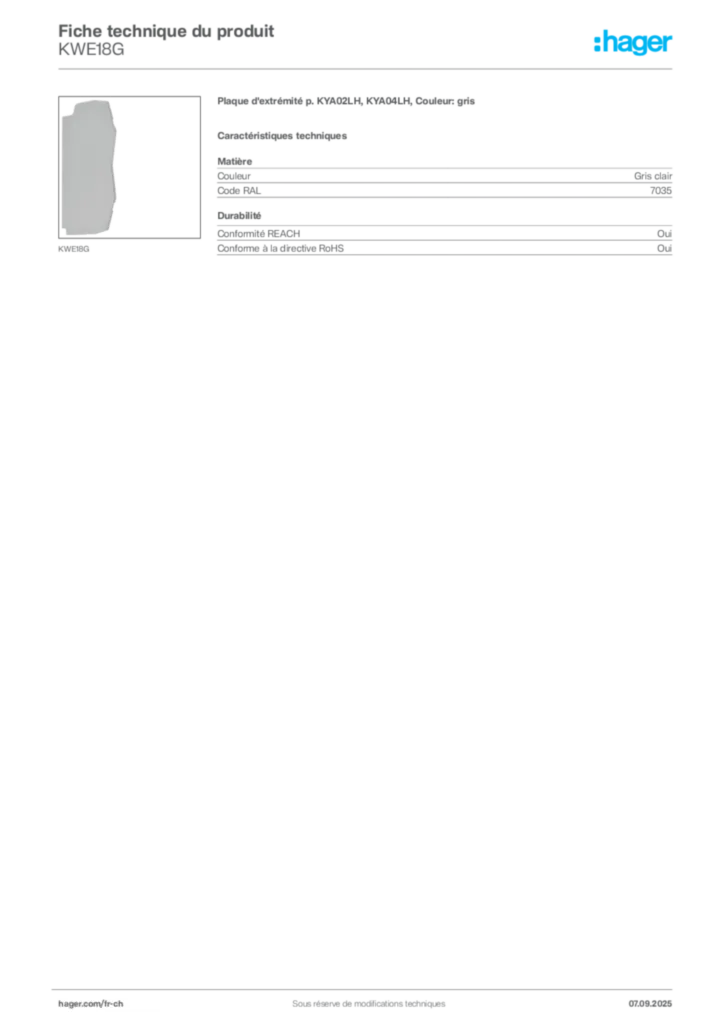Image Hager Fiche technique du produit KWE18G | Hager Suisse