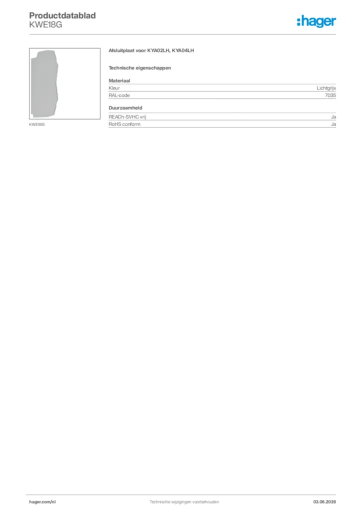 Afbeelding Hager Productdatablad KWE18G | Hager Nederland