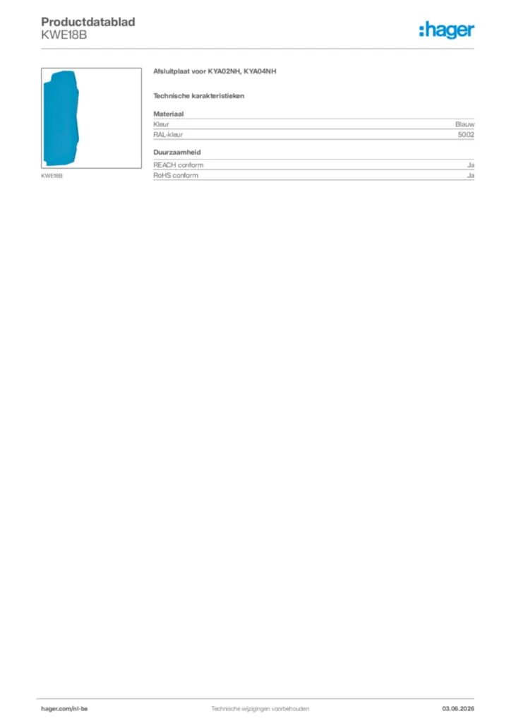 Afbeelding Hager Productdatablad KWE18B | Hager Belgium
