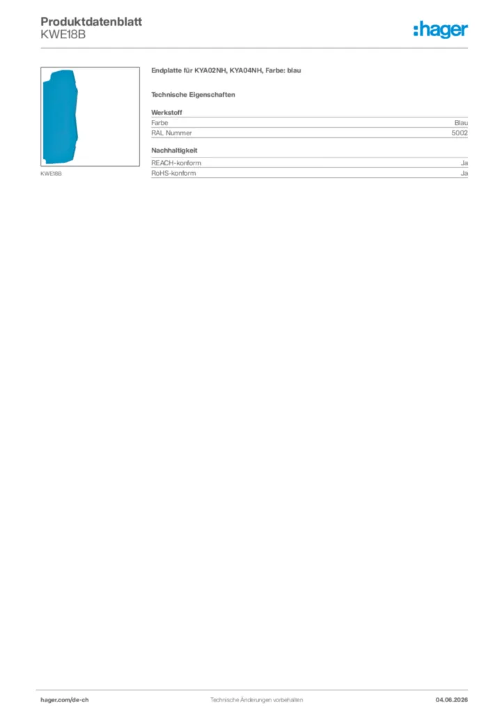 Bild Hager Produktdatenblatt KWE18B | Hager Schweiz