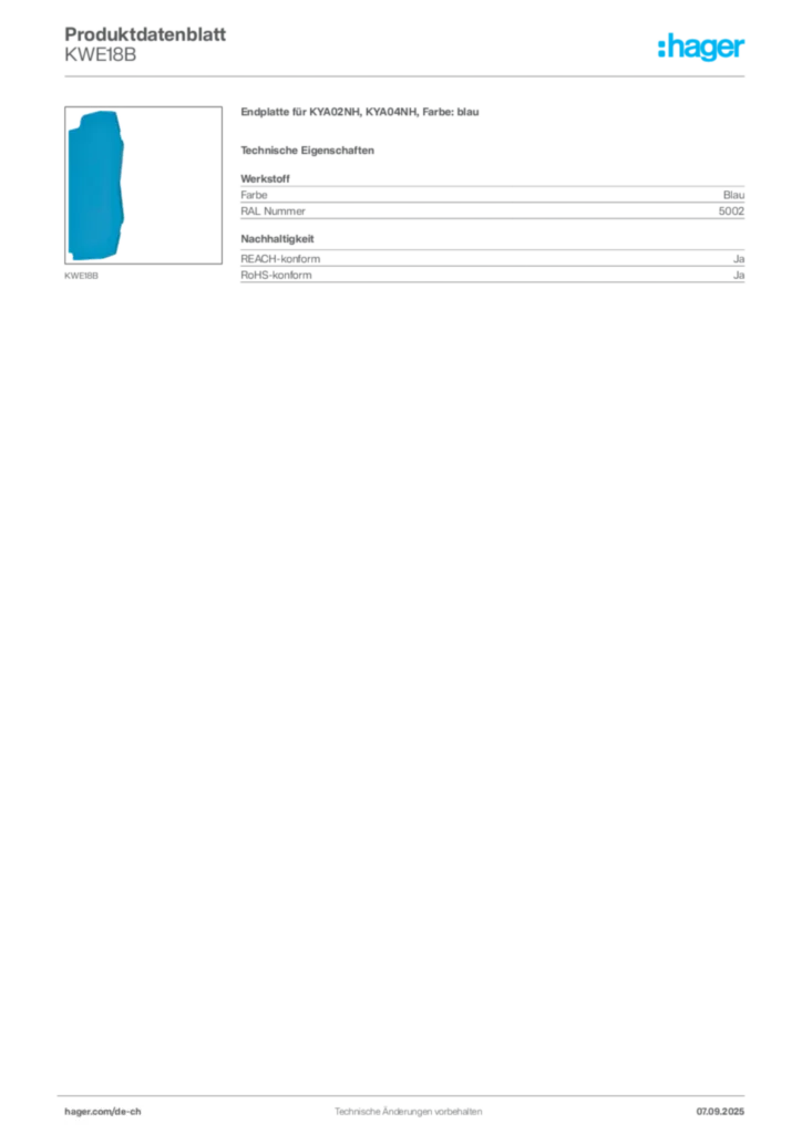 Bild Hager Produktdatenblatt KWE18B | Hager Schweiz