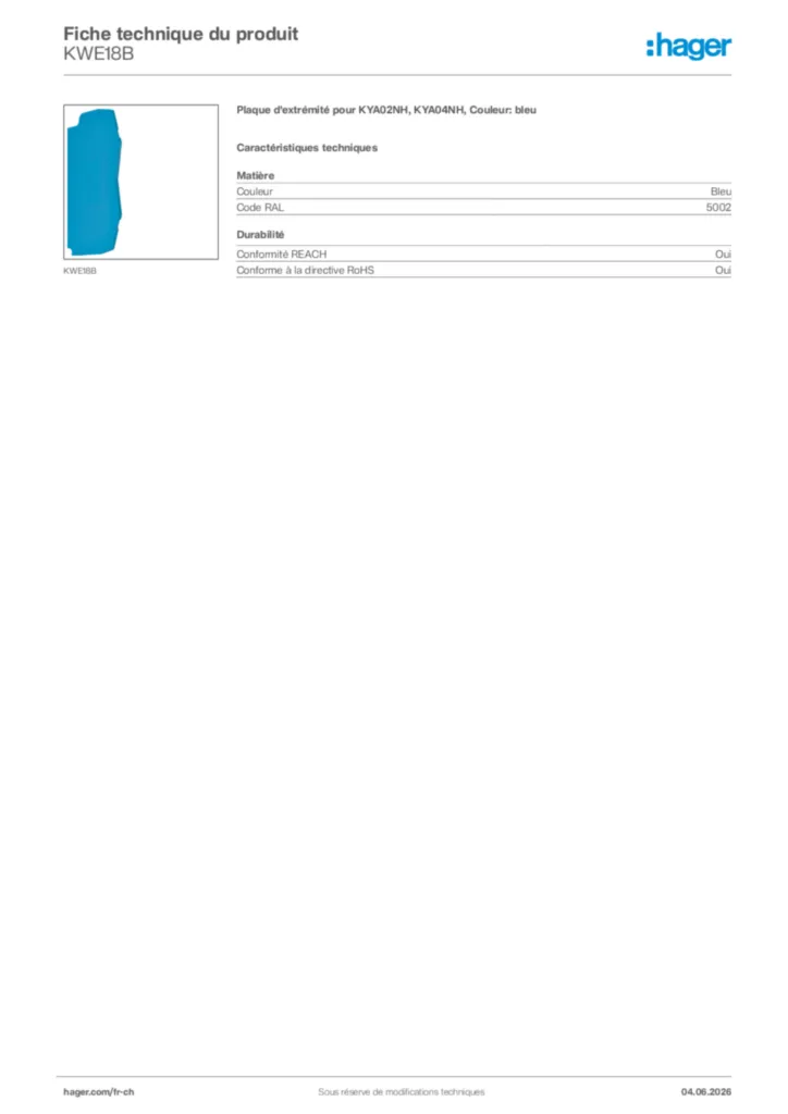 Image Hager Fiche technique du produit KWE18B | Hager Suisse