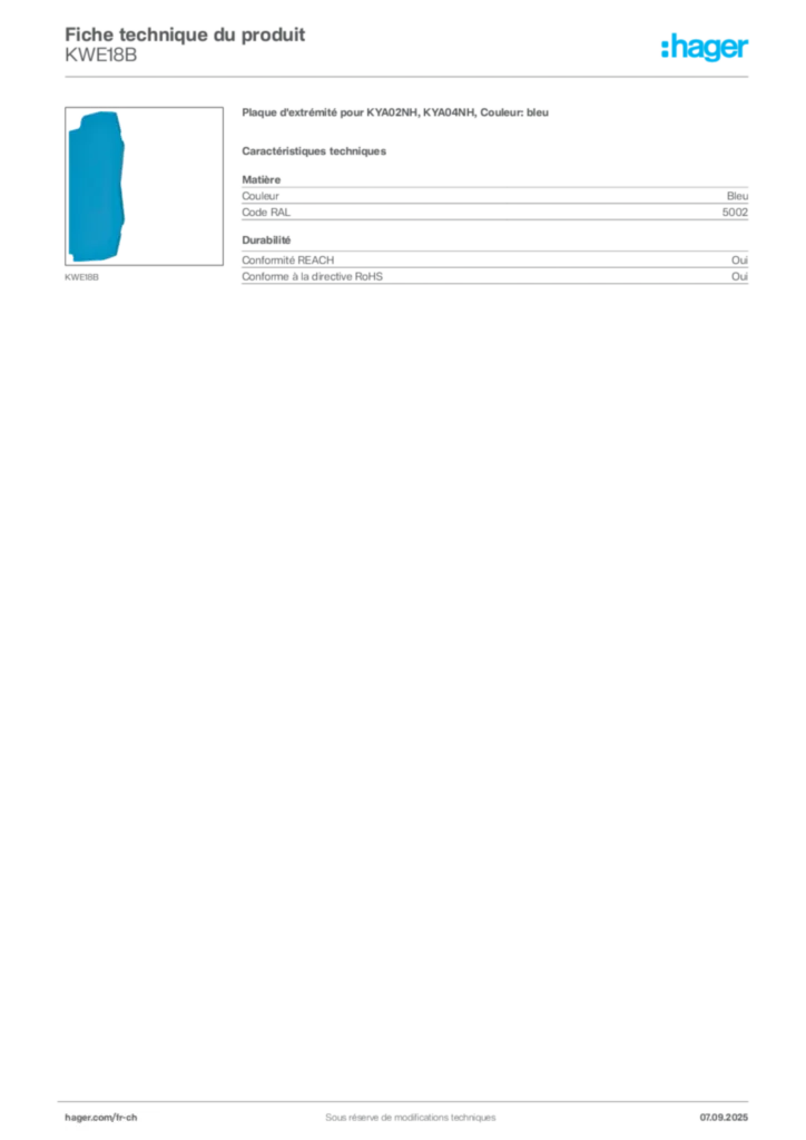 Image Hager Fiche technique du produit KWE18B | Hager Suisse