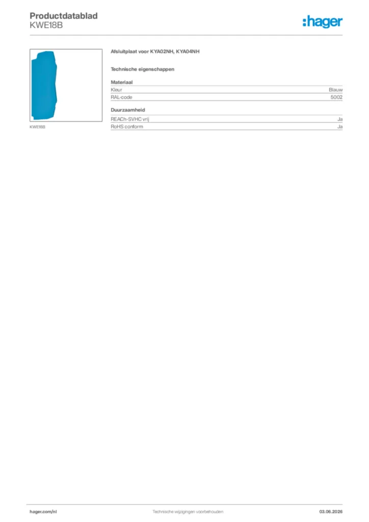Afbeelding Hager Productdatablad KWE18B | Hager Nederland