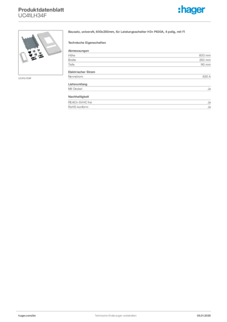 Bild Hager Produktdatenblatt UC41LH34F | Hager Deutschland
