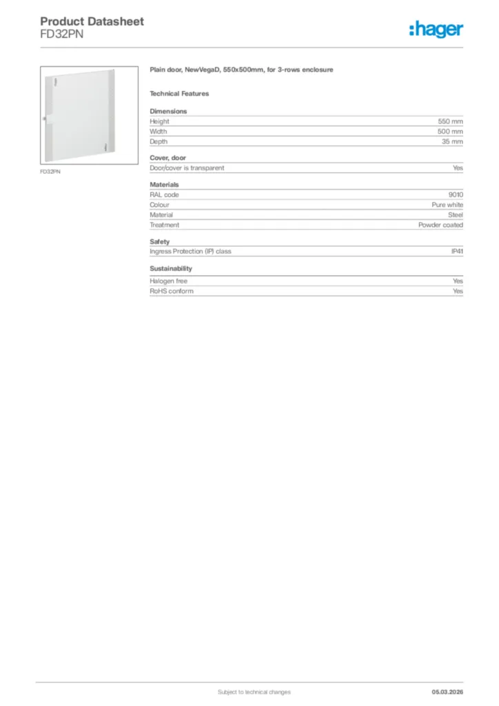 Image Hager Product data sheet FD32PN  | Hager Africa