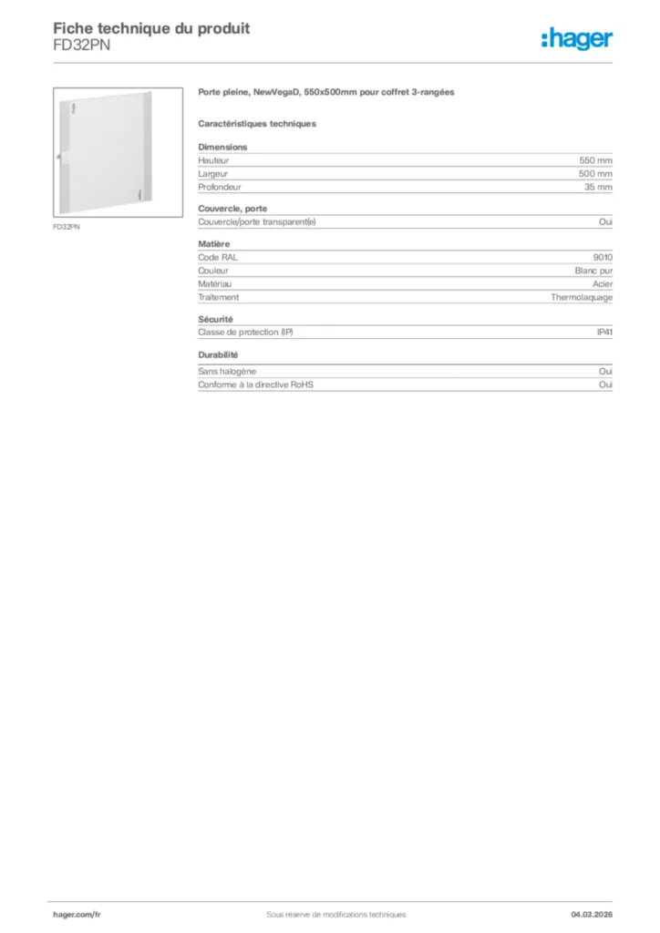Image Hager Fiche technique du produit FD32PN | Hager France