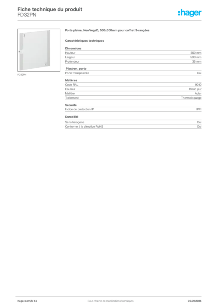 Image Hager Fiche technique du produit FD32PN | Hager Belgique