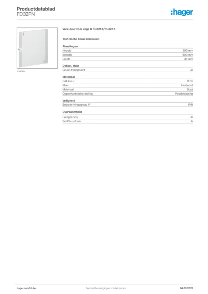 Afbeelding Hager Productdatablad FD32PN | Hager Belgium