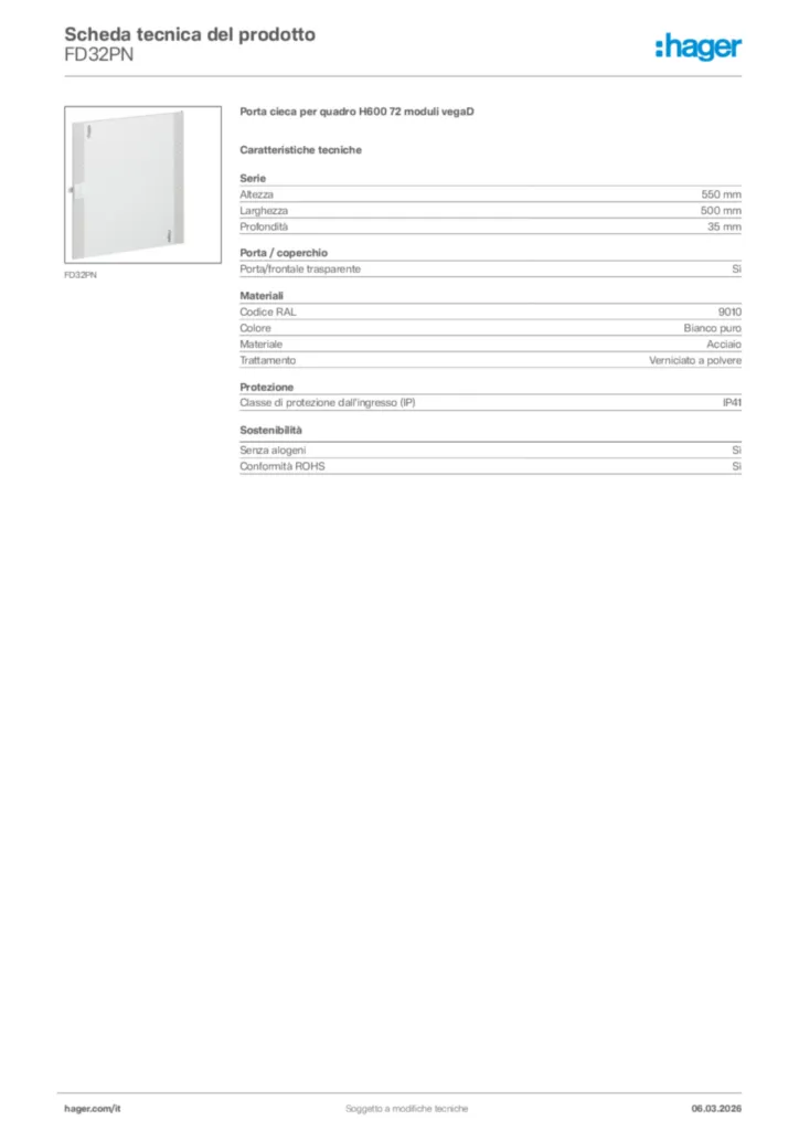 Immagine Hager Scheda tecnica del prodotto FD32PN | Hager Italia