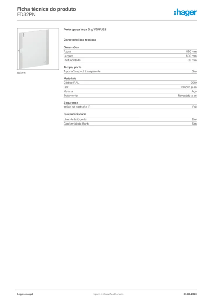 Imagem Hager Ficha técnica do produto FD32PN | Hager Portugal