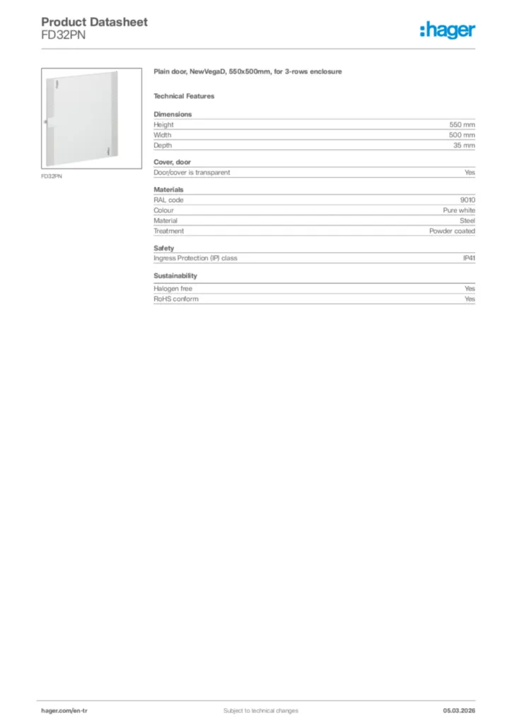 Image Hager Product data sheet FD32PN  | Hager