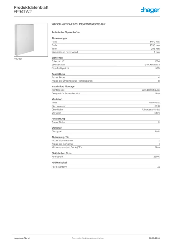 Bild Hager Produktdatenblatt FP94TW2 | Hager Schweiz
