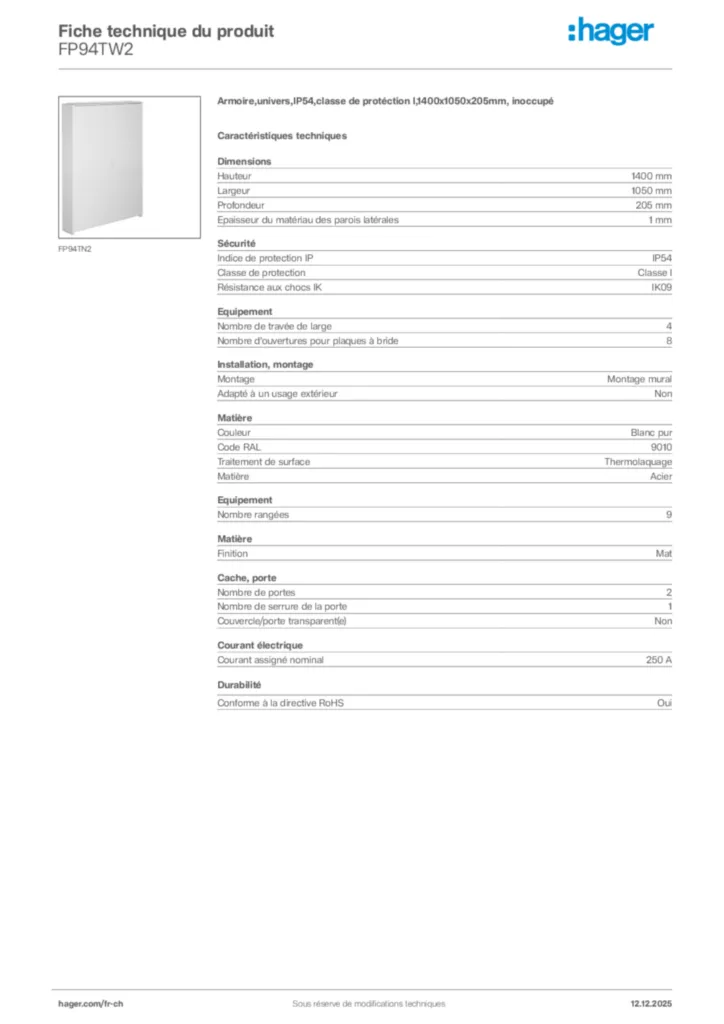 Image Hager Fiche technique du produit FP94TW2 | Hager Suisse