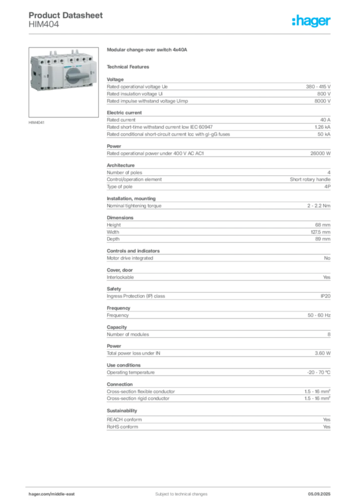 Image Hager Product data sheet HIM404  | Hager