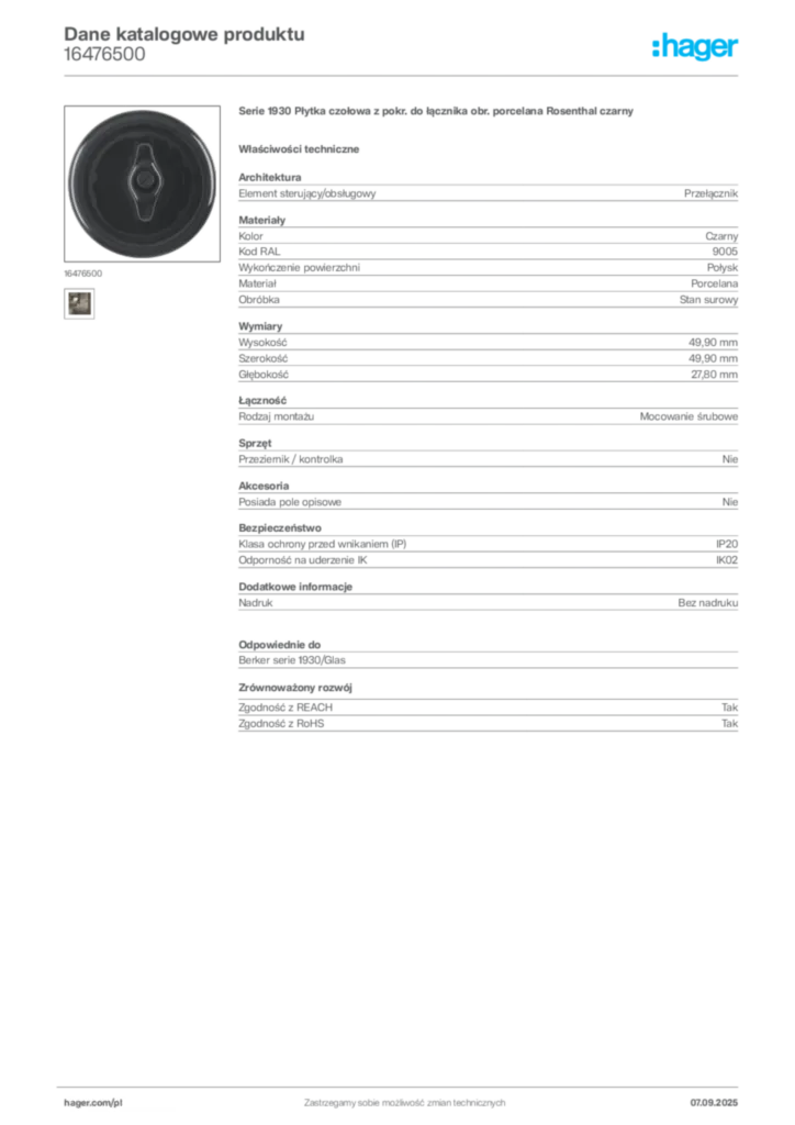 Zdjęcie Hager Dane katalogowe produktu 16476500 | Hager Polska