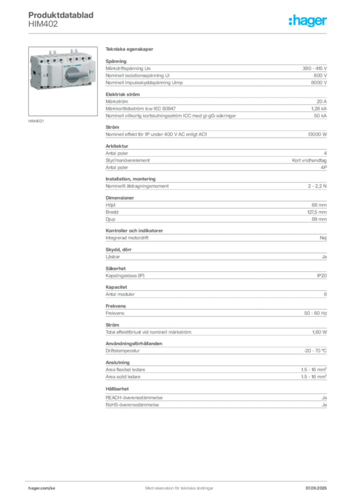 Bild Hager Produktdatablad HIM402 | Hager Sverige