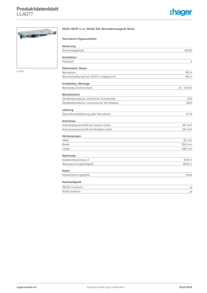 Bild Hager Produktdatenblatt LLA077 | Hager Schweiz